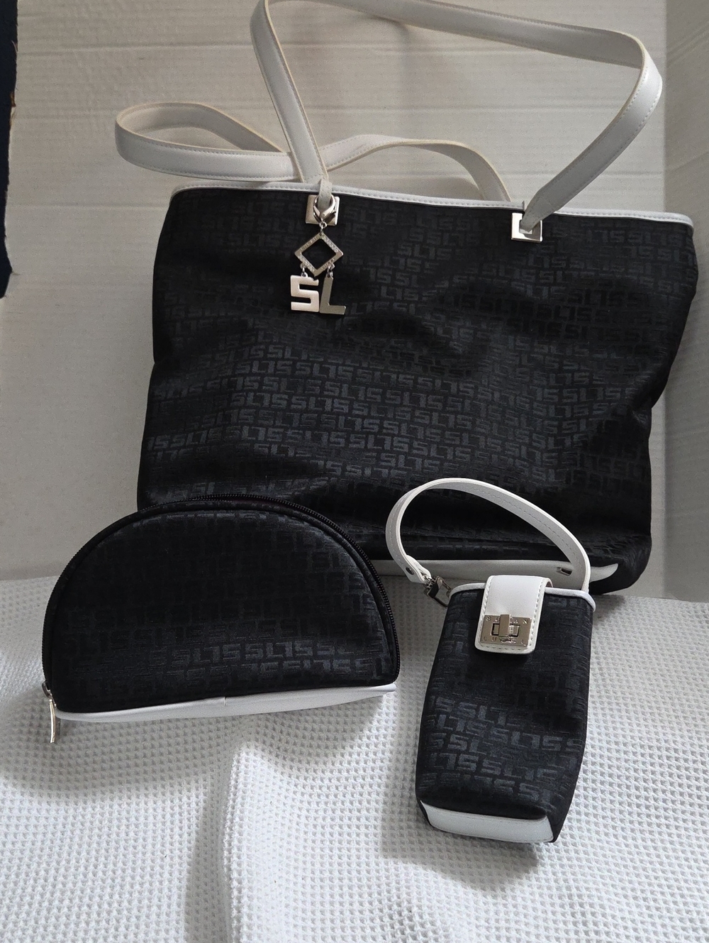 SL Monogram Black and White Tote with Cosmetic Case and Phone Pouch